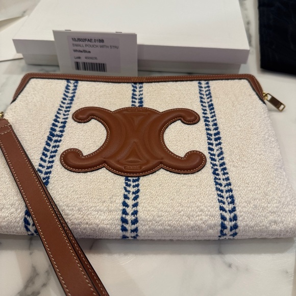 Celine Cuir Triomphe striped texture Brown/blue Pouch clutch made in Italy - Picture 2 of 15